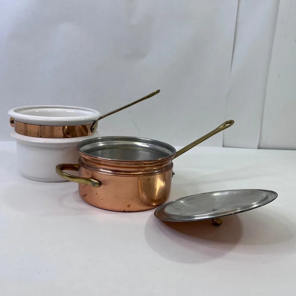 Vintage Copper Clad Double Boiler Porcelain Insert Brass Handles Outeiro 889